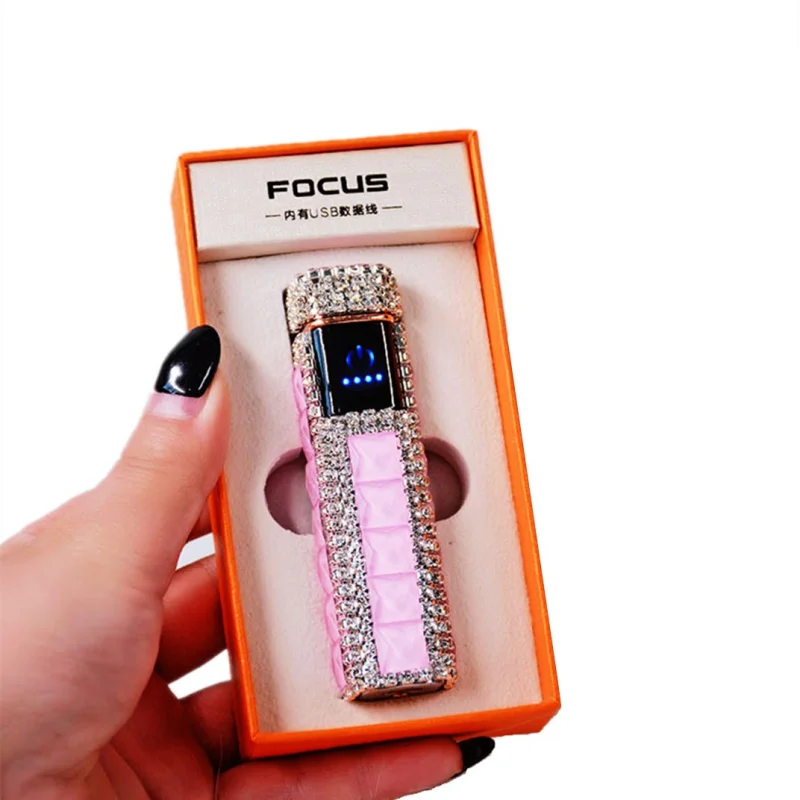 Rhinestone Touch Screen Lighter With Diamond Usb Charging Mute Cigarette Lighter Personality Ladies Windproof Gadget