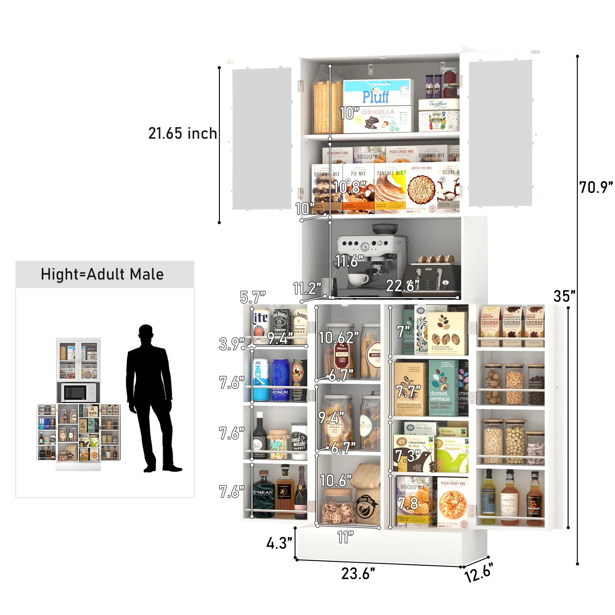 71&rdquo; Tall Freestanding Pantry Cabinet with Adjustable Shelves, Kitchen Pantry Storage Cabinet with Glass Doors & Microwave Stand