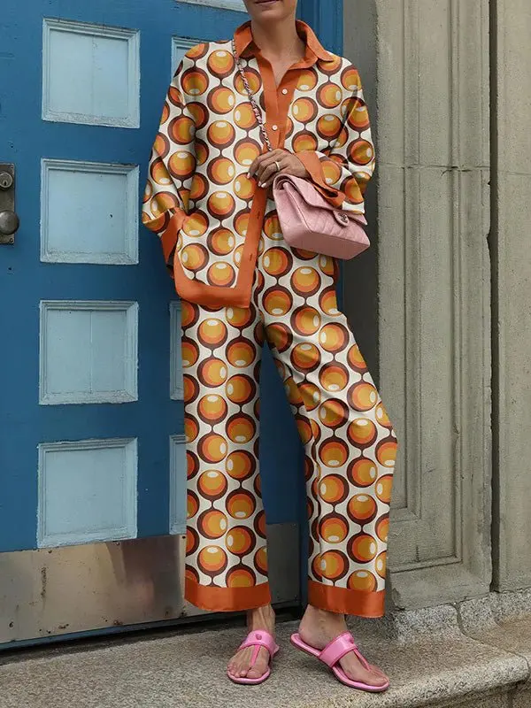 2024 Autumn New Loose Vintage Printed Pant Sets Women Long Sleeve Shirts And Wide Legs Trousers Two Piece Set Fashion Streetwear