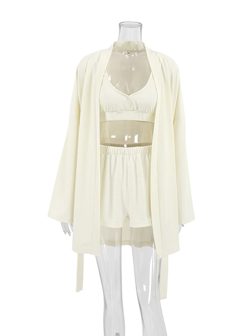 Marthaqiqi Long Sleeve Women's Sleepwear Set Sexy Tank Tops Pajamas V-Neck Lace Up Nightgowns Shorts Ladies 3 Piece Nightie Suit