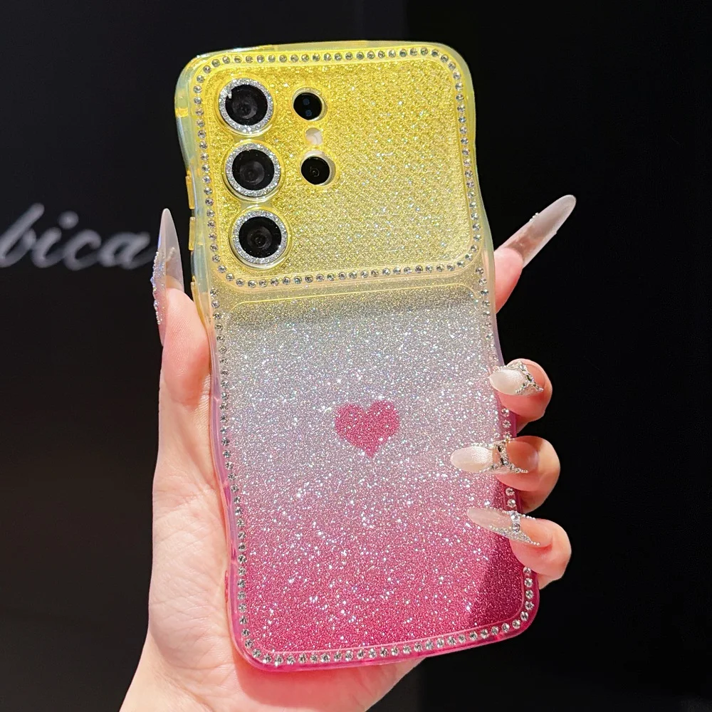 Super Glitter Diamonds Love Heart Phone Case with Wave Gradient and Camera Protection