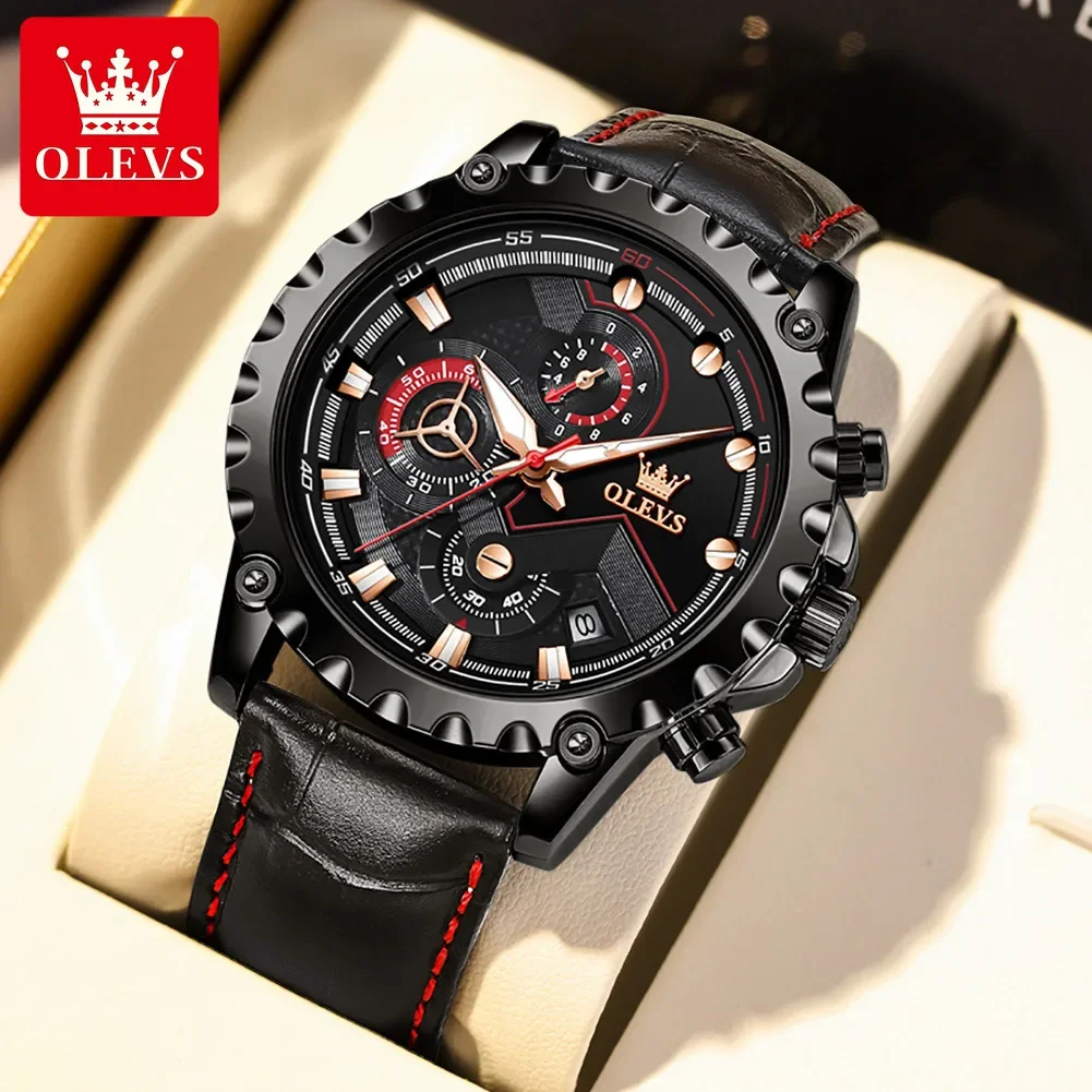 

OLEVS 2873 Sport Multifunctional Watch For Men, Waterproof Genuine Leather Strap Quartz Men Wristwatches Luminous Chronograph