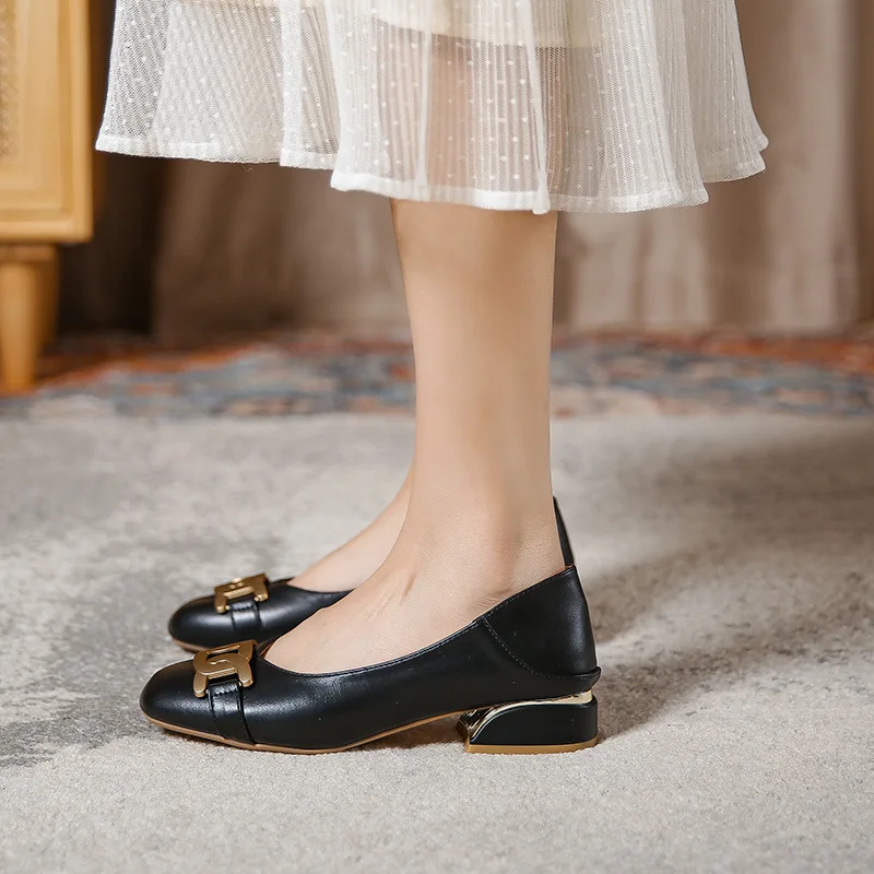 Plus Size 33-43 Women Gold Metal Buckle Leather Shoes Low Heel Round Toe Pumps Office Lady Soft Soles Slip on Shoes