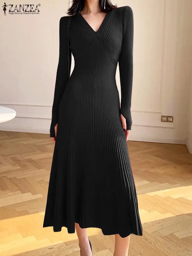 

Women Ribbed Knitting Dress ZANZEA Fashion Solid V-neck Vestidos Sexy Bodycon Wrapped Hip Dresses 2023 Autumn Elegant Clothing