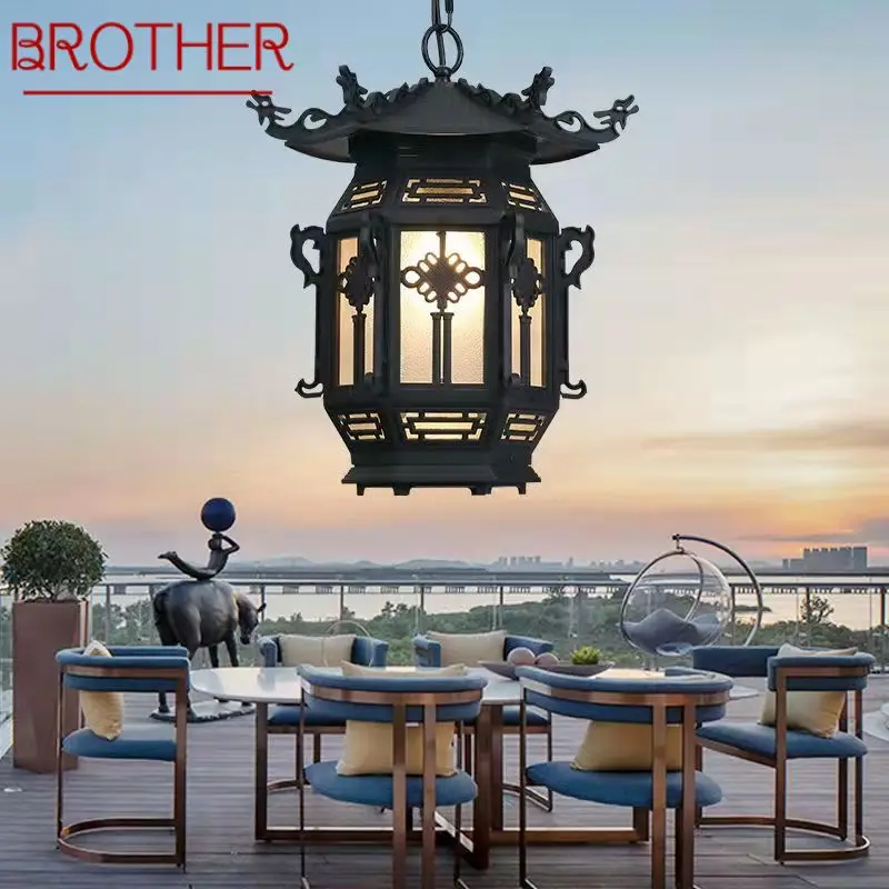 

BROTHER Chinese Lantern Pendant Lamps Outdoor Waterproof LED Black Retro Chandelier for Home Hotel Corridor Decor Electricity