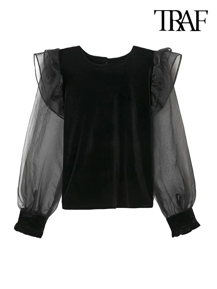 Women Fashion Patchwork Ruffles Velvet Blouse Vintage O Neck Long Sleeve Female Shirts Blusas Chic Tops