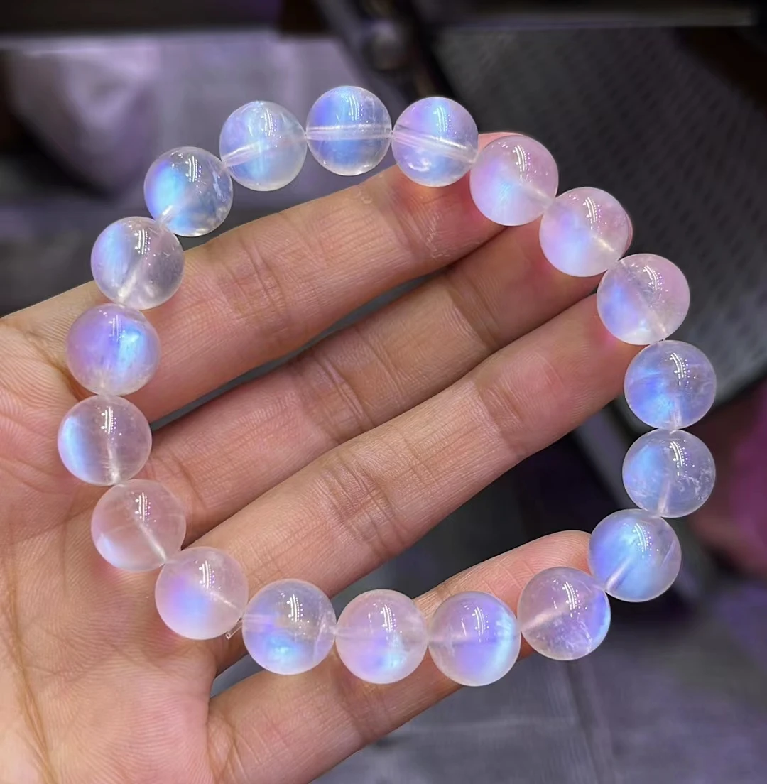 

Natural Blue Light Moonstone Clear Beads Bracelet Women Men Moonstone 11mm Stretch Crystal Clear Round Beads Bracelet AAAAA