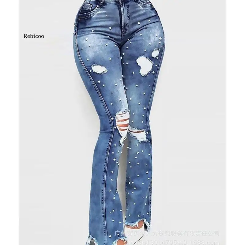 

Women Jeans Summer Slim Solid Pocket Splice Jeans Women High Waist Button Ripped Embroidered Flares Denim Flare Pants Trousers