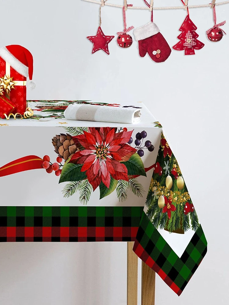 Christmas Rectangle Stain Resistant Tablecloth Christmas Tree Country Party Outdoor Decor Red Buffalo Plaid Green Tablecloth