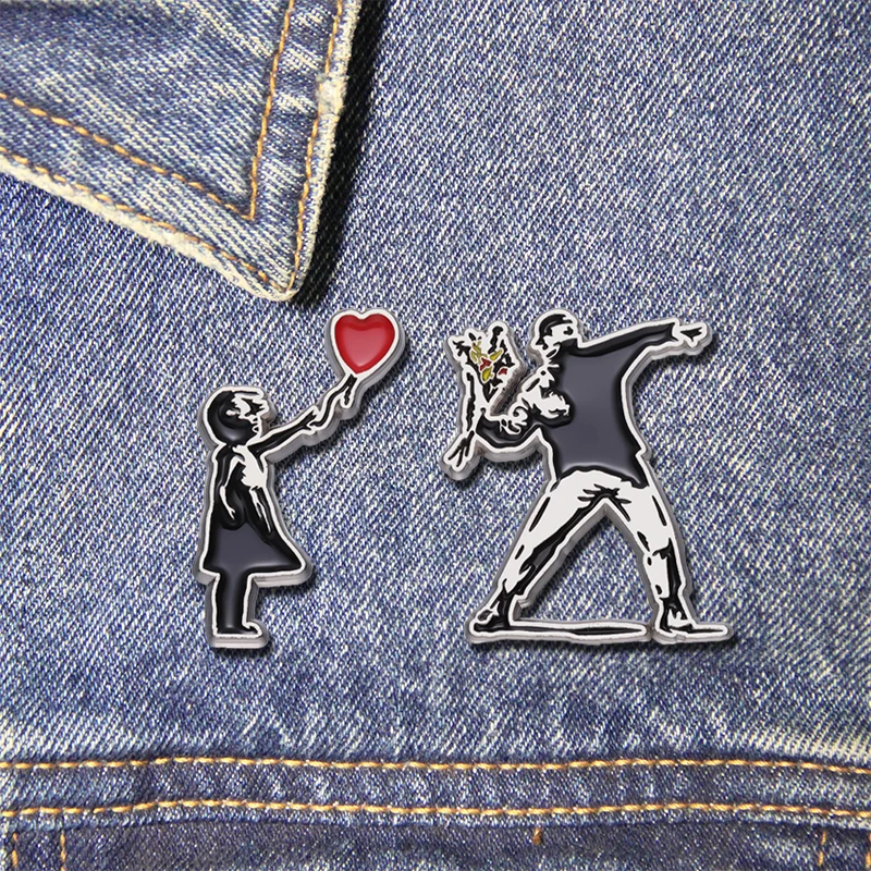 

Banksy Art Works Enamel Pins Girl With Balloon Rage, Flower Thrower Brooches Lapel Badges Street Art for Collector