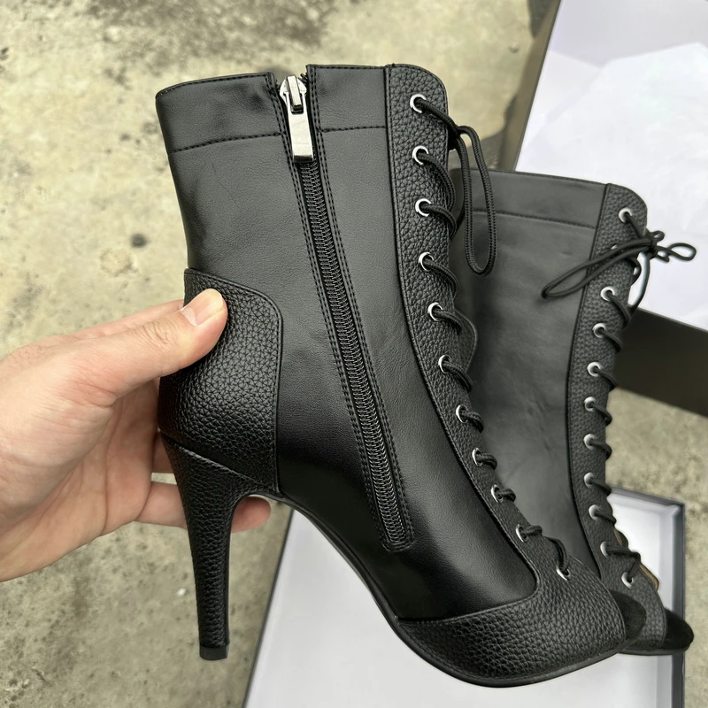 2024 New Fashion Women Indoor Jazz Dance 10CM Heels Shoes Zipper Open Toe Lace-Up Black Sexy Dancing Girl Summer Sandals Shoes 5