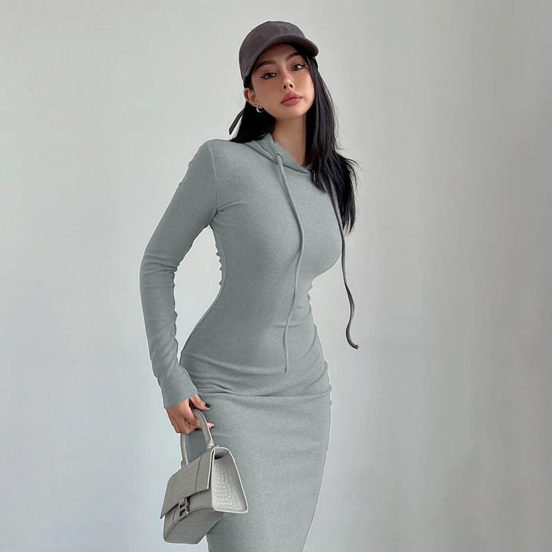 Hooded Midi Dress Women Solid Ins Casual Wrapped Streetwear Vintage Dresses 2