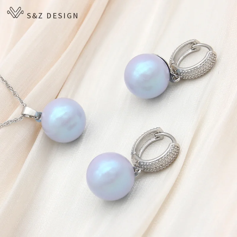 S&Z DESIGN New Fashion Round Colorful Imitation Pearl Drop Earrings Jewelry Sets For Women 585 Rose Gold Color Pendant Necklace