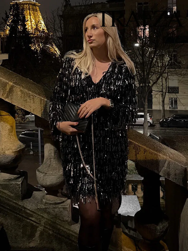 EFATZP Women's Black Knitted Maxi Dress: Vintage Long Sleeve Ruffled Single Breasted Dress for Autumn-Winter 2023 8 TRAFZA Female Chic Loose Dresses Black V-Neck Long Sleeves Sequins Tassel Decorate Women's Spring New Fashion Mini Dresses
