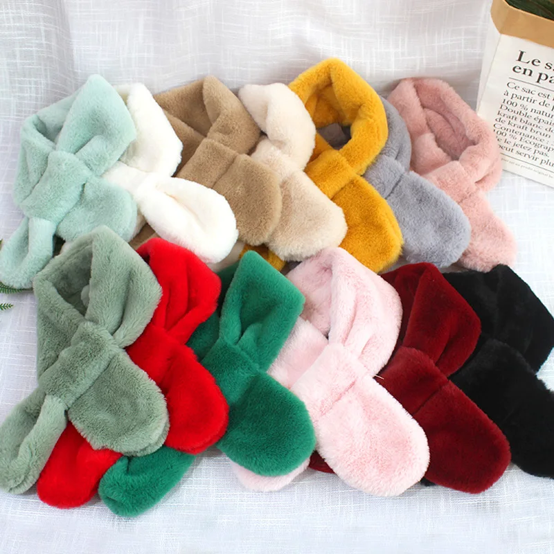 Children Winter Soft Warm Scarf Faux Rabbit Fur Cross Collar Scarves Kids Baby Girl Boy Fashion Shawl Neck Warmer Neckerchief