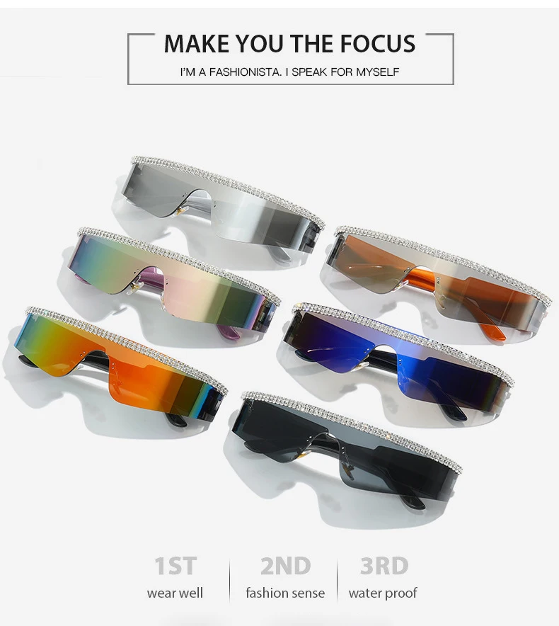 

2023 Fashion Y2K Flat Top Punk Sunglasses Men's Vintage One Piece Glasses Women's Outdoor Riding Inlaid Diamond Glasses очки