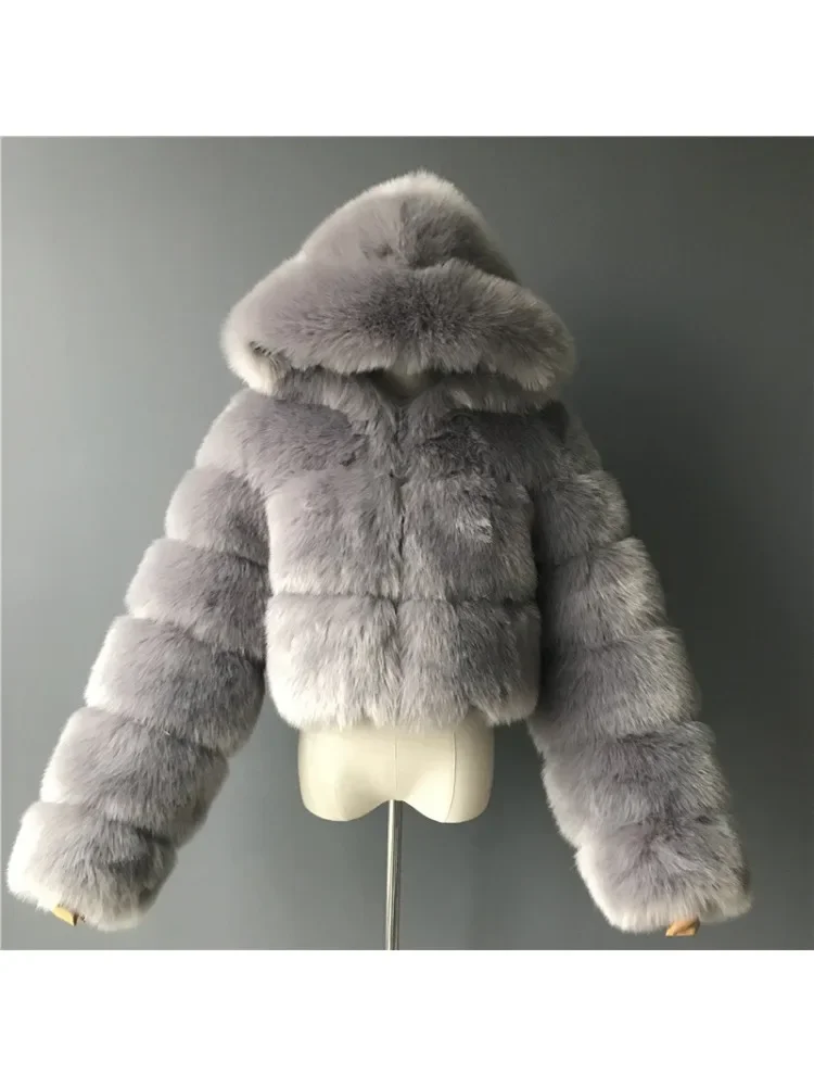 Imitation Fox Fur Stitching Hooded Short Long-Sleeved Fur Coat Women's Clothing 2023 Winter Fashion Solid Color Faux Fur Female