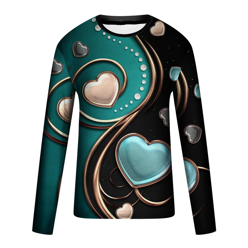 Nowy wzór w kształcie serca z nadrukiem 3D z długim rękawem t-shirt dla kobiet odzież męska codzienna modna z dekoltem oddychająca wygodna koszulka