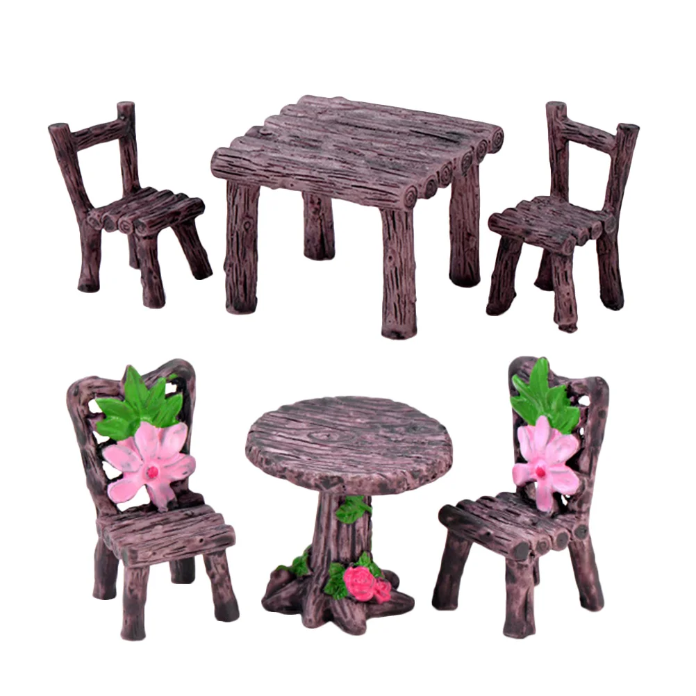 

2 Sets Micro Landscape Ornament Miniature Model Table Stool Chairs Tiny Furniture Ornaments Wooden Toy Resin Garden Accessories