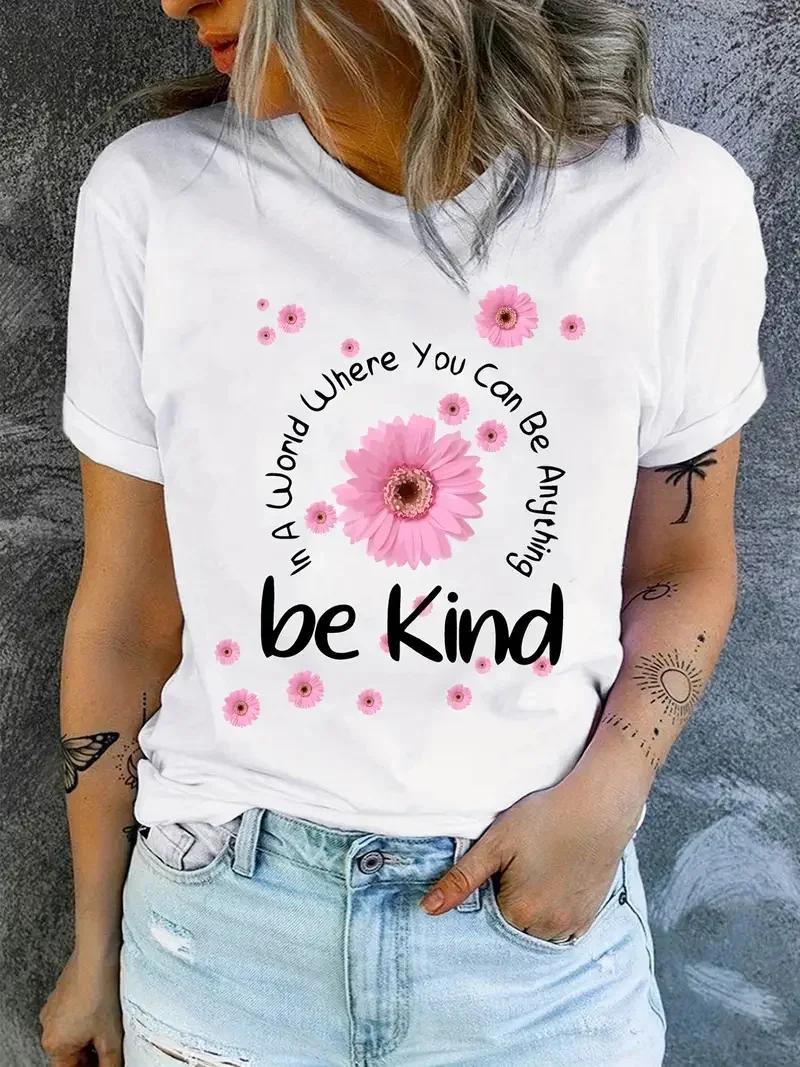 

Flowers & Letter Print T Shirt Crew Neck T-Shirt Casual Crew Neck Short Sleeve Be Kind T-shirt Women's Clothing Harajuku T Shirt