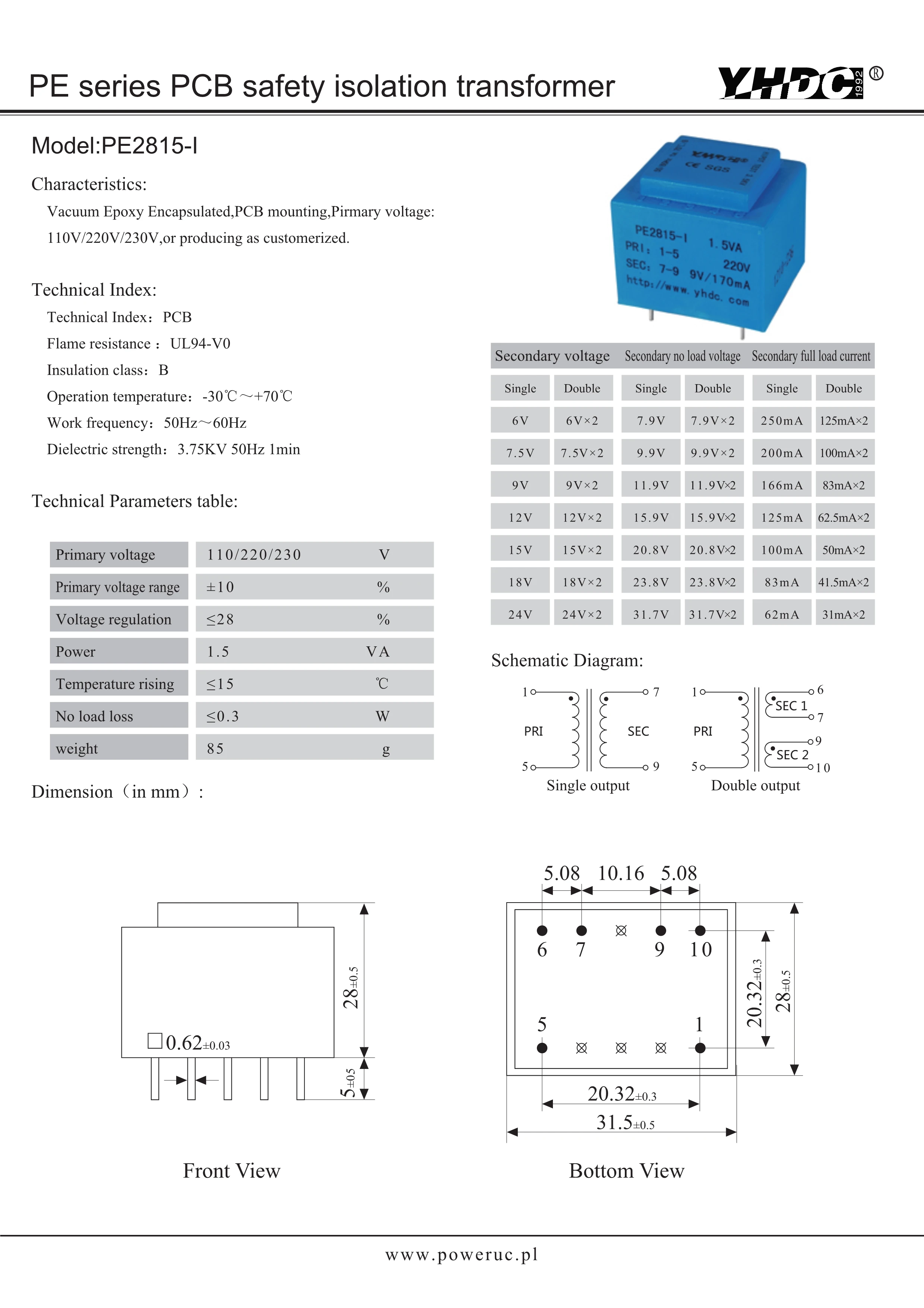 Transformateur 9V de Circuit Imprimé PCB 10VA 220V 230V AC 1111mA Encapsulé