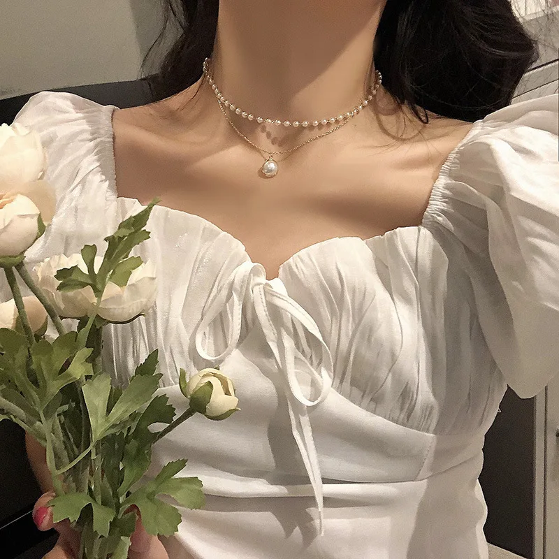Kiss Jewelry Vintage Gold Color Pearl Beaded Necklace Women Double Chains Pearl Pendant Choker Korean Fashion