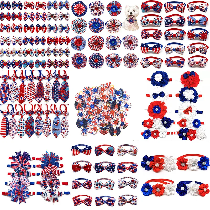 

50pcs 4th of July Independence Days Dog Cat Bowties Pet Collars Puppy Small Dog Bows Pet Tie Grooming Accessories Supplie