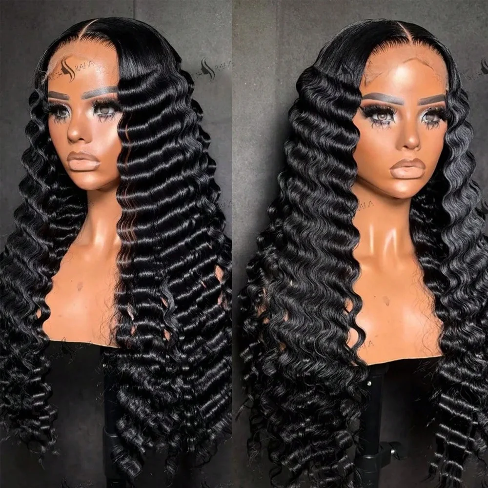 Perruques Lace Front Deep Wave de 40 pouces en cheveux humains, aspect naturel, densité 250%, bouclées, pré-épilées, pour femmes, prêtes à porter