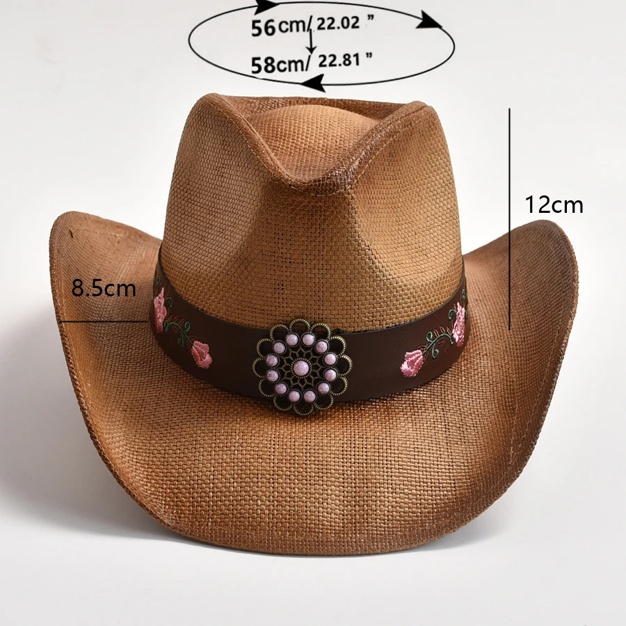 Chapeau de Cowboy en Paille Tissée pour Hommes et Femmes, Bande en Cuir, Cowgirl de Plage