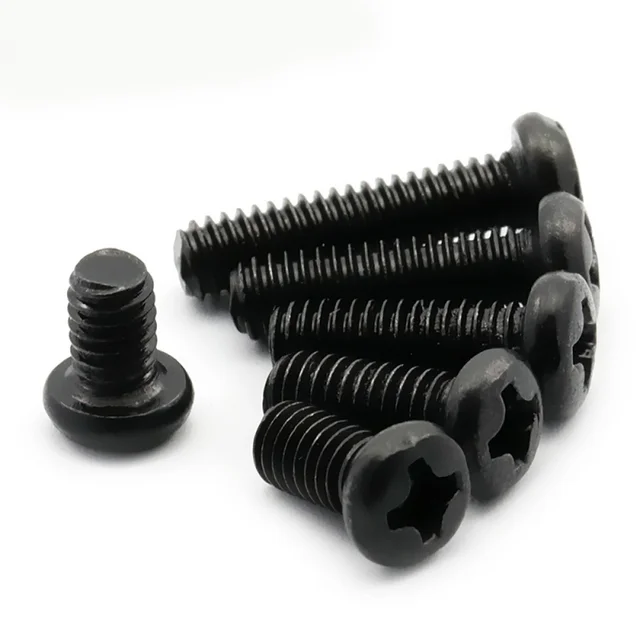 100 ชิ้น/ล็อต Cross Recessed หัวสกรู M1 M1.2 M1.6 M2 M2.5 M3 M4 M6 เหล็กคาร์บอนสีดํา Phillips เครื่องสกรูเกรด 4.8 6