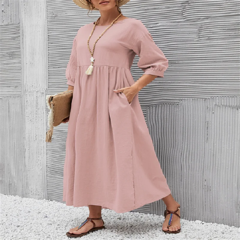 

2023 Fashion Lantern Seventh Sleeve Loose Dresses Female Casual Solid Color Mid-waist Splicing Pocket Cotton Linen Women Dressy