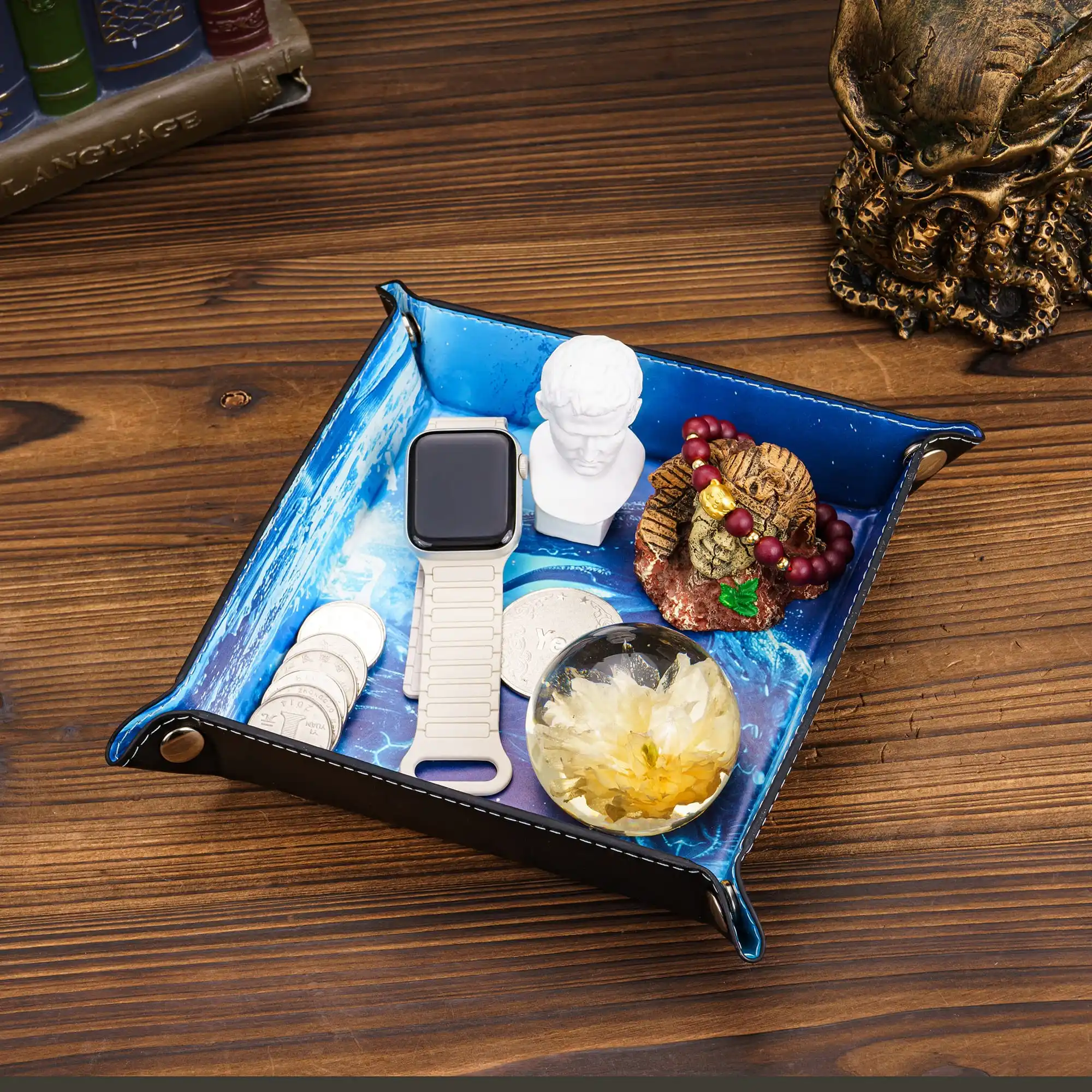 Dice Tray Foldable Square PU Leather Octopus Printed Dice Rolling Tray Holder for D&D Board Games Multiple Items Storage