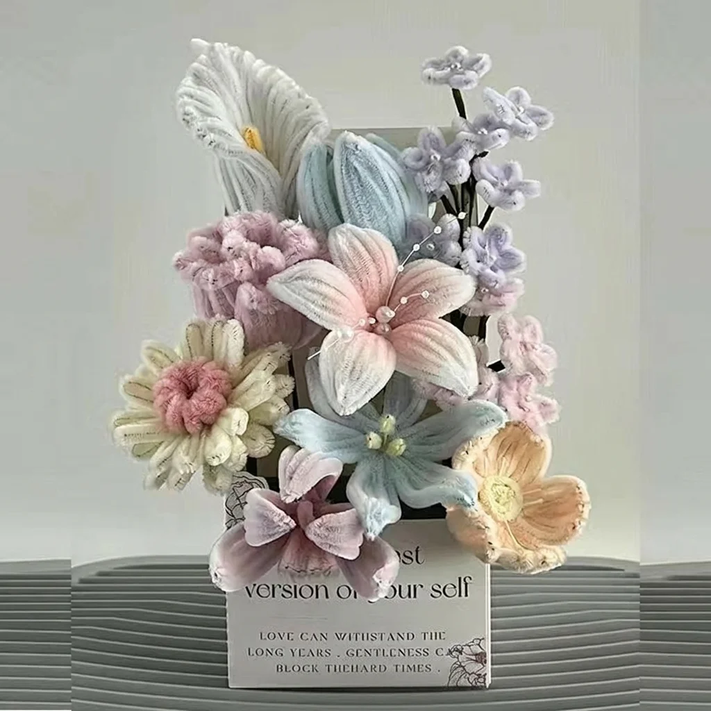 DIY 공예 키트 프레시 스타일 플록 가공 인조 꽃 키트 파이프 클리너 꽃 상자..