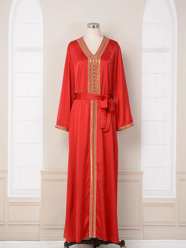 Fashion Chic Turkish Abaya Basic Solid Long Dress Tape Trim Sashes Muslim Casual Elegant Women Evening Clothing