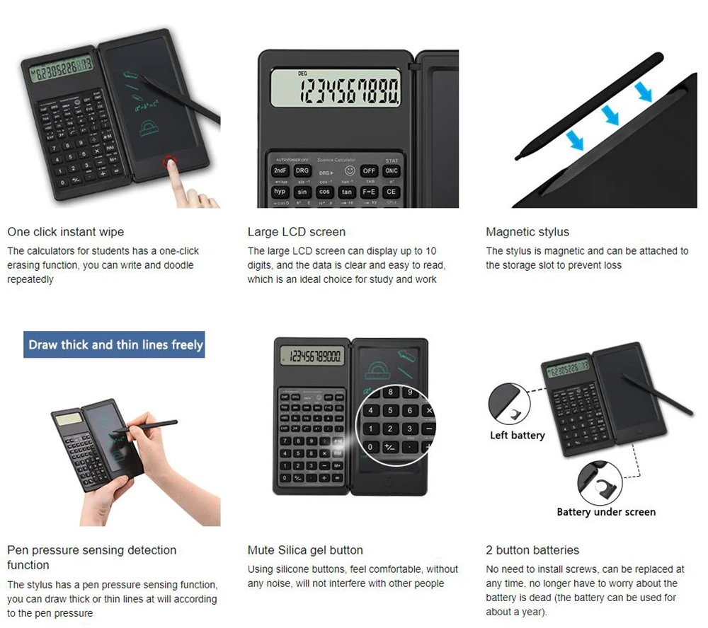 Description Picture 4 of itemNew 2 IN 1 Foldable Scientific Calculators 10 Digits LCD Display With 6 Inch Writing Tablet Stylus Pen Support Erase Button Lock