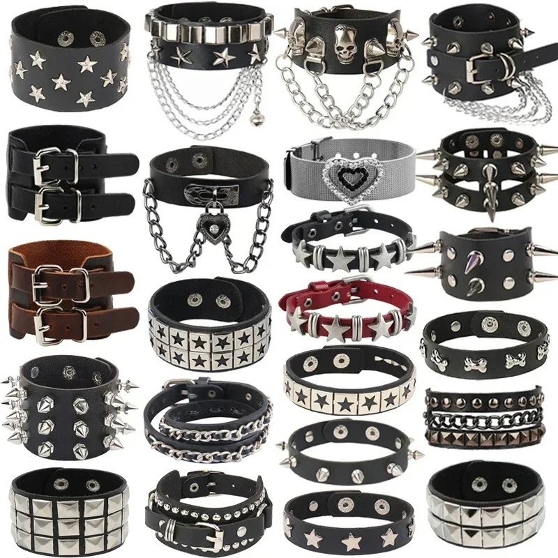 Bracelet Jewelry Punk Hip Hop Rock PU Leather Bracelet Unisex Chain Skull Pentagram Rivet Party Accessories