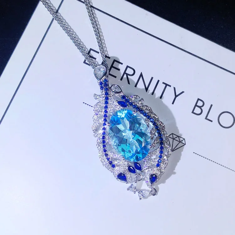 

Genuine 925 Sterling Silver Blue Sapphire Pendant Necklaces for Women Collares Mujer Silver 925 Jewelry Sapphire Topaz Joyas