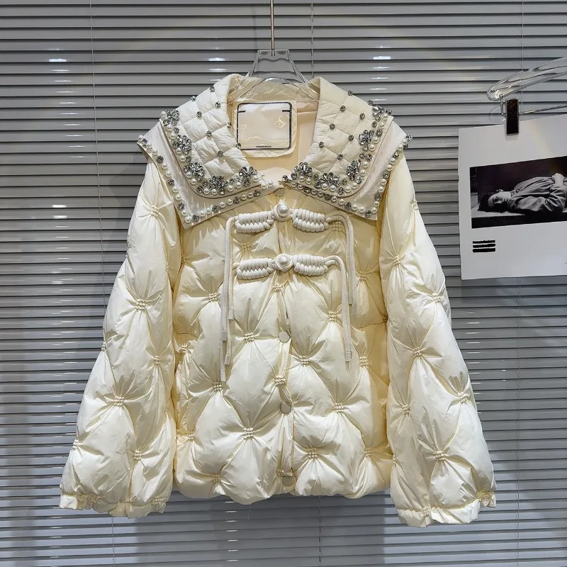 2023 Winter New Socialite Style Heavy Industry Beads Lapel Fixing Buckle Warm Long Sleeved Down Jacket Coat For Women's Clothing