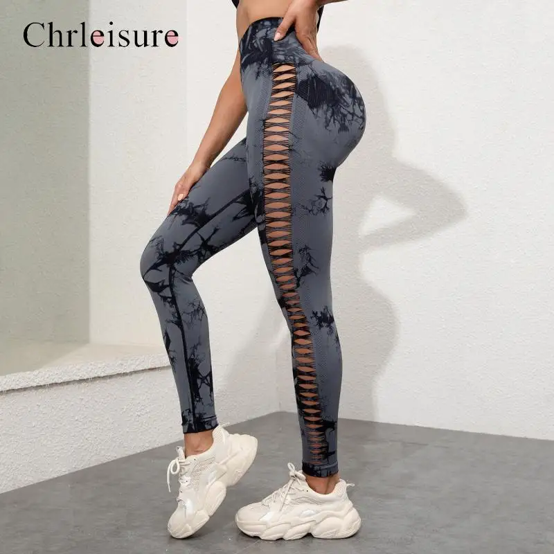 

CHRLEISURE Tie Dyeing Leggings Woman Gym Raises Butt Women Sports Leggings Seamless High Waist Female Fitness Pants Hollowed Out