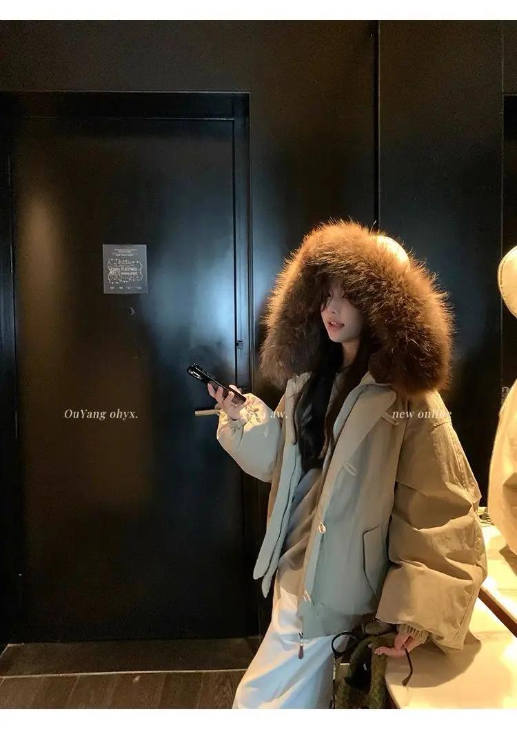 YYAHAHAS 2025 Winter New Cow Horn Button Thick Cotton Coat Retro American Warm Fur Collar Hooded Jacket Female Clothing