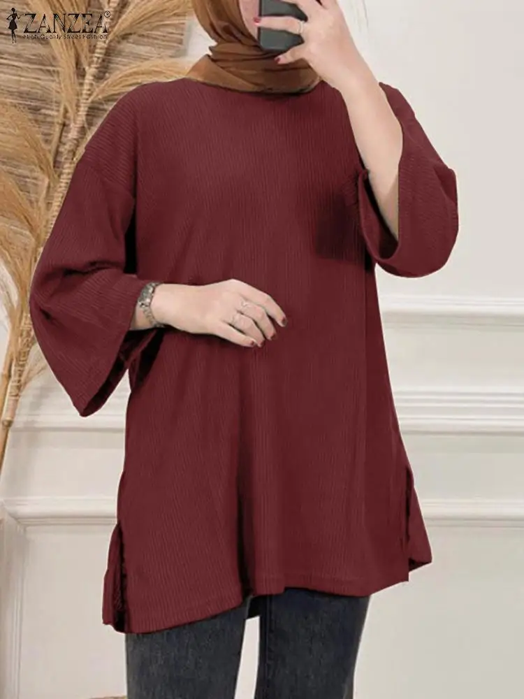 

2023 ZANZEA Women Casual O Neck 3/4 Sleeve Blouse Spring Elegant Ribbed Robe Tops Solid Loose Shirt Muslim Hijab Blusas Chemise