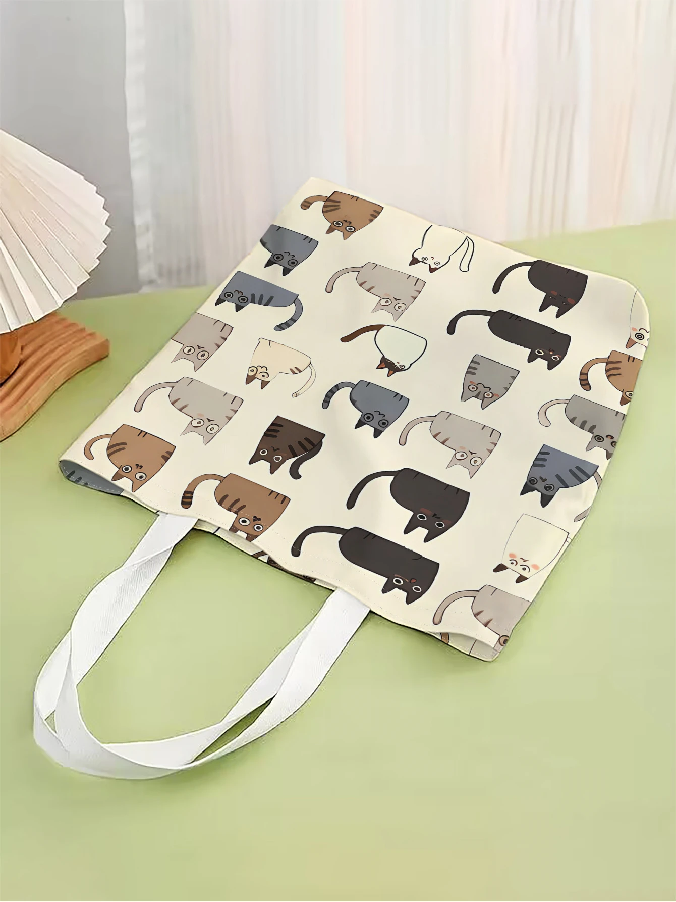 1pc,cartoon cat pattern handbag, reusable fashionable handbag, multifunctional handbag, printed canvas shopping bag