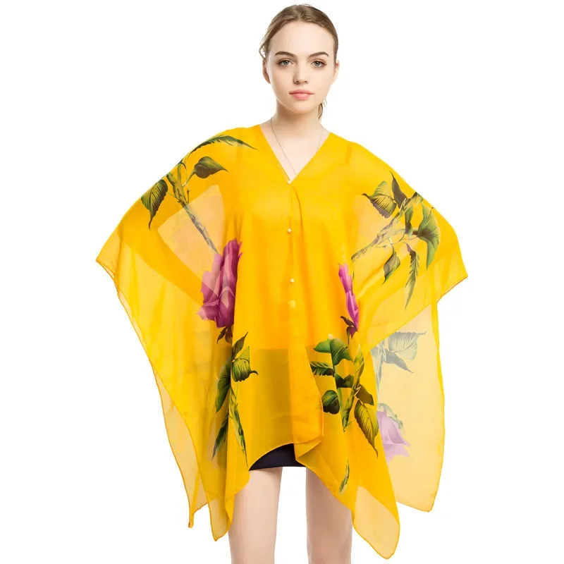 

2024 Summer Poncho Capes Cycling Sunshade Shawl Women Silk Scarf New Chiffon Printing Sunscreen Lady Shawl Cloak Yellow