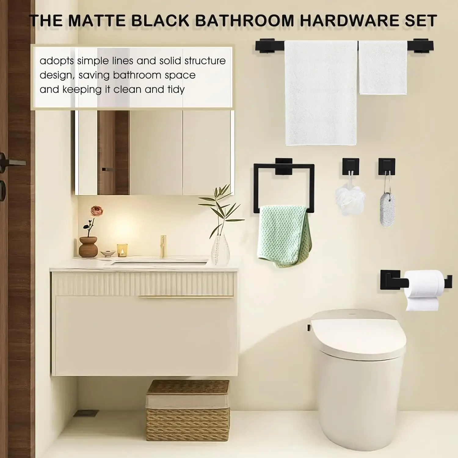 15-Pcs Matte Black Bathroom Set. 23.3" Towel Bar, Rack, Square Bar. SUS304 Stainless Steel. Heavy Duty, Wall-Mounted.