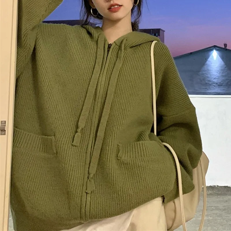 

Zipper Sweater New Autumn/Winter Korean Solid Hooded Knitted Cardigan Top