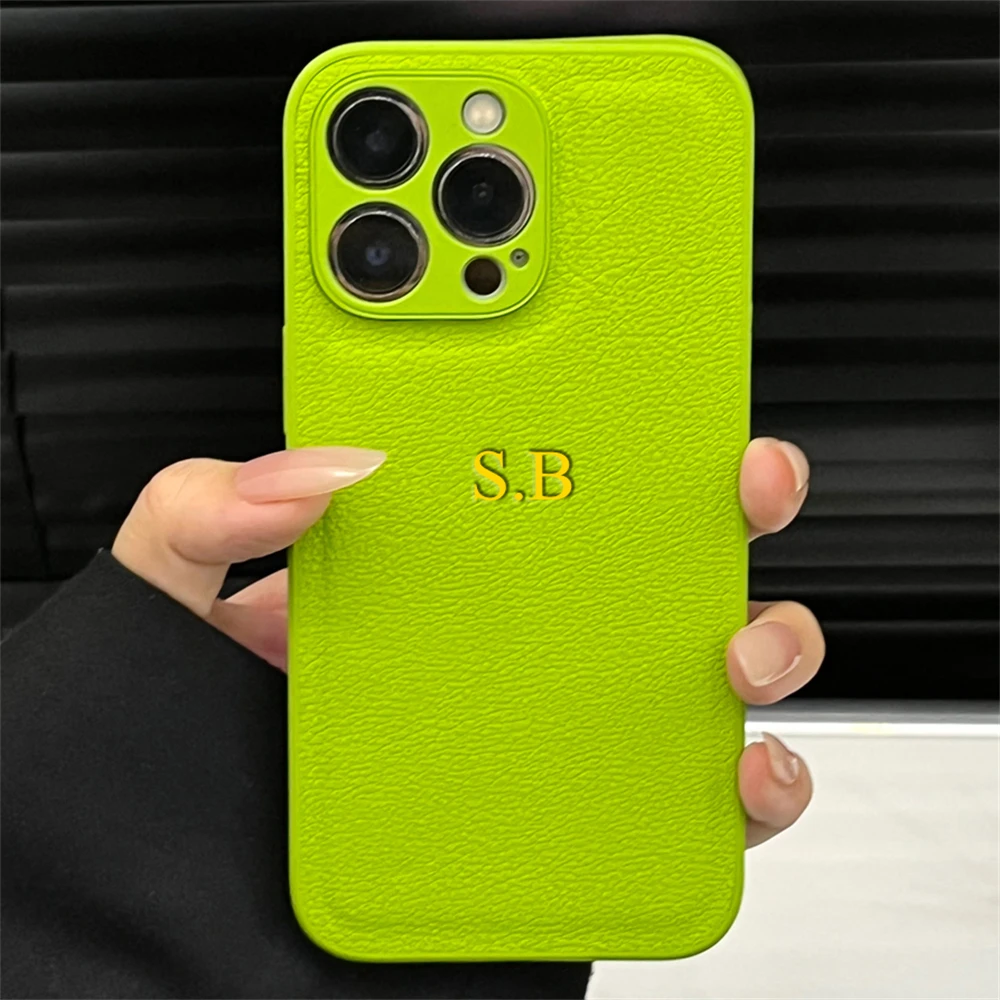 thumbnail image 1 of Customized Initials Fluorescent Green Leather Case For iPhone 15 14 Pro Max 13 12 11 XS MAX XR 7 Plus Luxury Personalised Cover, 1 of 4