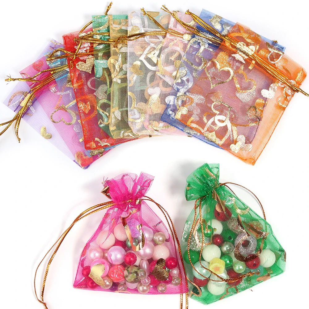 10 teile/los 7x9 9x12 cm Bunte Kordelzug Organza Beutel Herz Muster Schmuck Verpackung Tasche Hochzeit/Weihnachten gunst Beutel & Geschenk