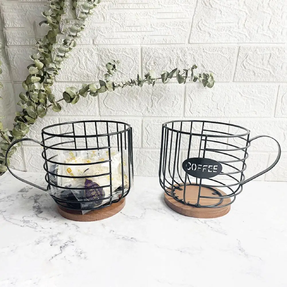 Desktop Coffee Pods Organizer Metal Coffee Pods Holder Stylish Coffee Capsule Storage Metal Cup Holder with Wooden for Organized