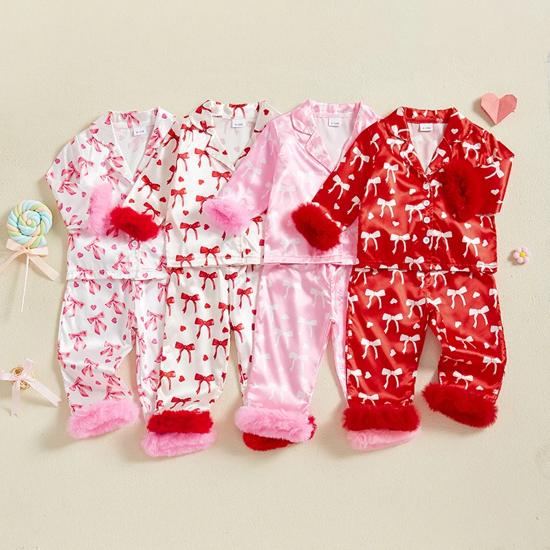 Toddler Girl Pajamas Valentines Day Baby Silk Satin Nightgown Little Kids Girls Pjs Button Down 2 Piece Pajamas Set