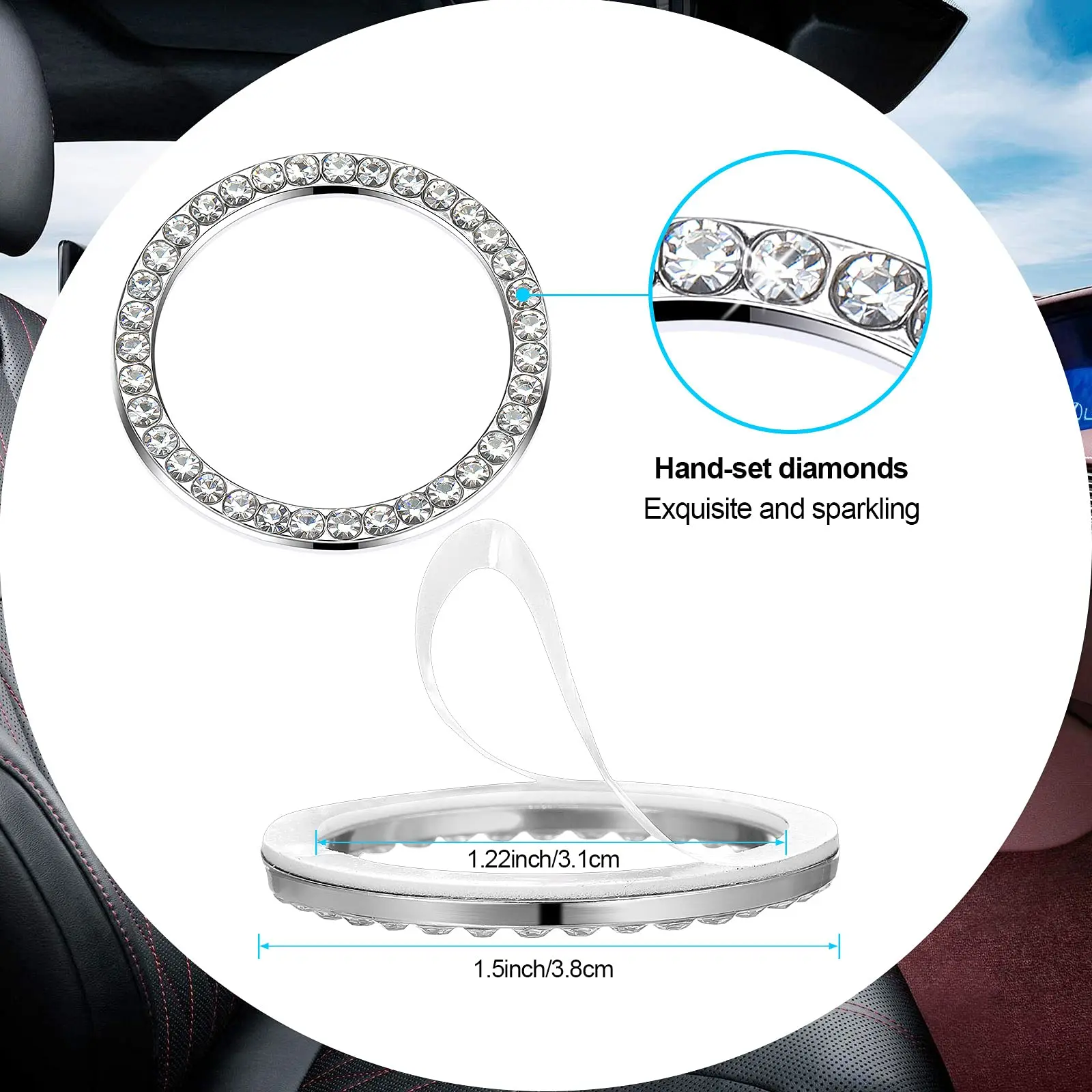 1 Pezzi Bling Pulsante Auto Cristallo Argento Anello Motore Strass Start Stop Lgnition Push Diamante One-Key Decor Emble